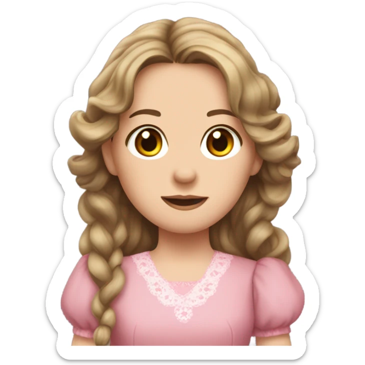 Carrie Ingalls pretty with long dark brown wavy hair realistic and detailed pink dress sticker