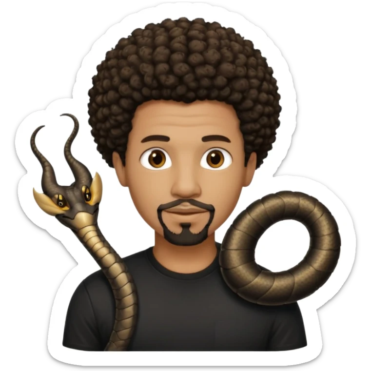 Homme noir, yeux marron avec un bouc sans la moustache, cheveux court et bouclé crépus avec un dégradé sur le côté, avec un cobra à côté , t-shirt noir  sticker