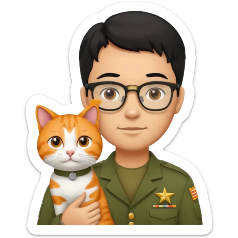 Veterinario hombre trigueño con lentes, con cabello negro, y con uniforme veterinario color verde militar cargando un gato naranja sticker