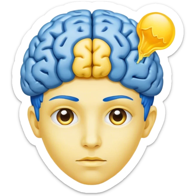 A real person face emoji, skin is emoji yellow, and hair is replaced by a blue brain sticker