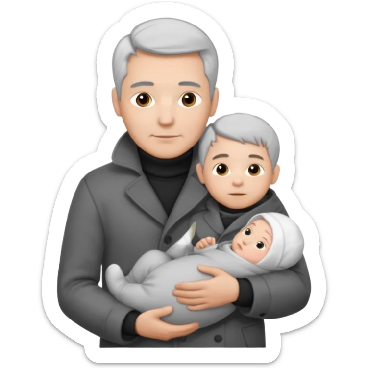 A father with silver-grey hair styled neatly and a clean-shaven face, wearing a dark turtleneck and wool coat, holding his baby sticker