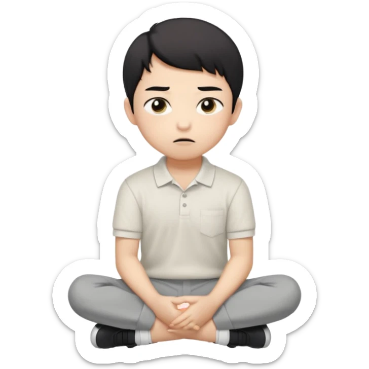 A cartoon young Asian boy with short black hair, light beige skin, and large expressive eyes, wearing a white polo shirt, gray pants, and black shoes. He sits cross-legged on the ground, one fist resting on his cheek, with a closed-mouth smirk. Clean lines, flat colors, solid black background. sticker