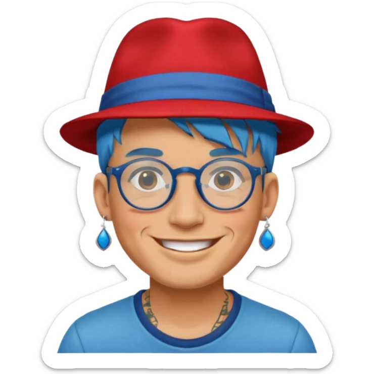 unique looking tourist with big unique red tourist fedora and earrings, man with lots of tattoes and spectacles, blue hair showing sticker