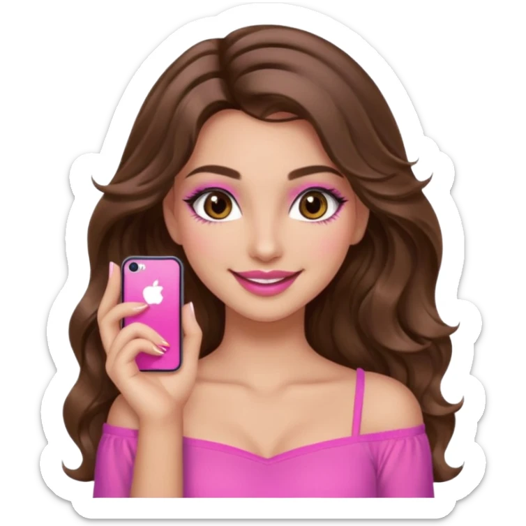 girl with long wavy brown hair, brown eyes, long lashes makeup, sexy pink lips, light to medium complexion, pink sexy top, smiling, hand by the cheek sticker