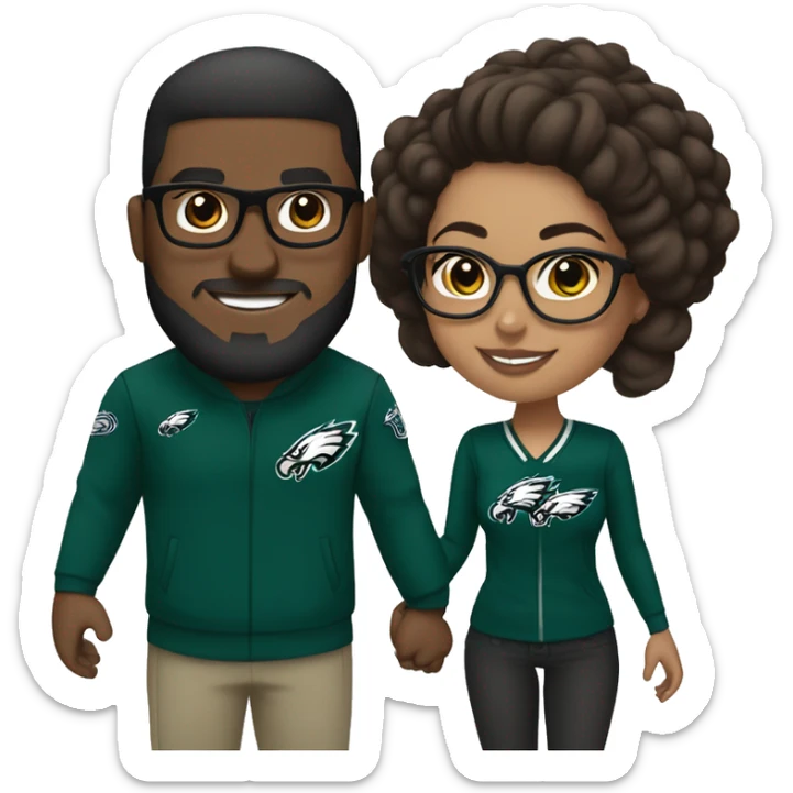 Brown guy and brown girl with glasses and hair in a bun in Philadelphia eagles clothes holding hands sticker