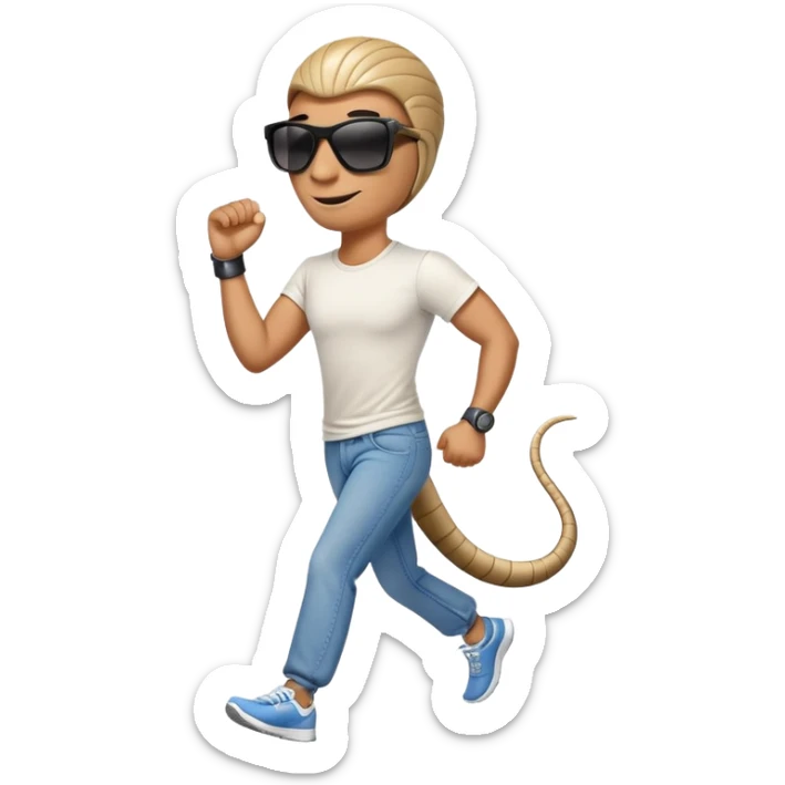friendly anthropomorphised cobra in jeans and a t-shirt, wearing dark sunglasses, jogging upright in standard pose sticker
