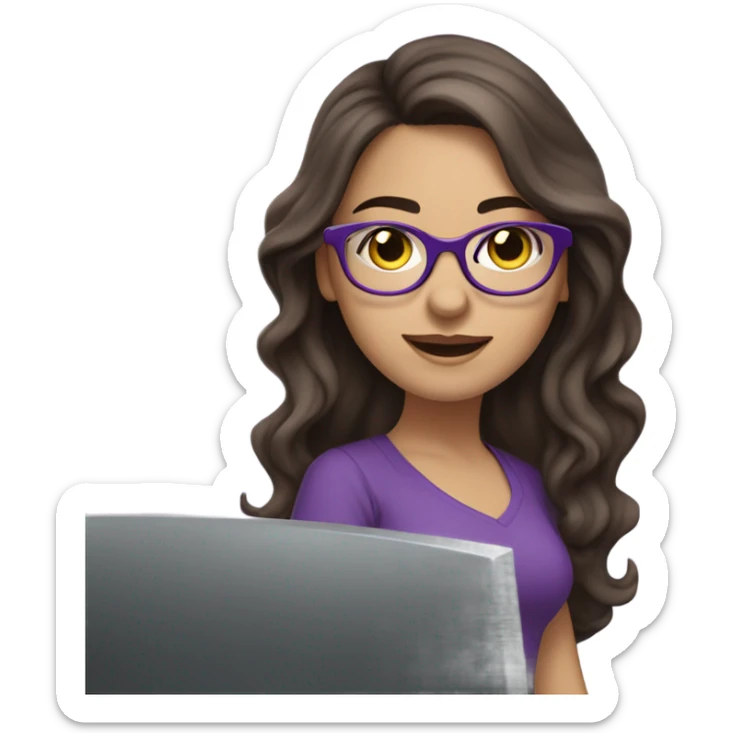 Beautiful brunette white skin wavy long hair  girl working on a computer with purple glasses sticker