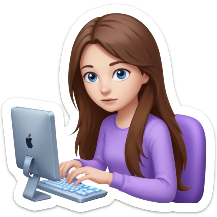beautiful girl with long brown hair, blue eyes and wearing light purple clothes playing computer games sticker