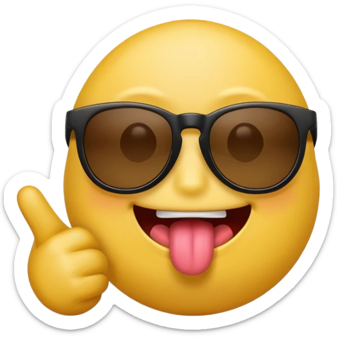 Fassa um emoji simples aquele da carinha amarelo de óculos escuro dando uma língua bem ofensiva e mostrando o dedo do meio da mesma forma. Tá mais ou menos do jeito que eu quero óculos preto totalmente e um dedo do meio com a mão ao contrario  sticker