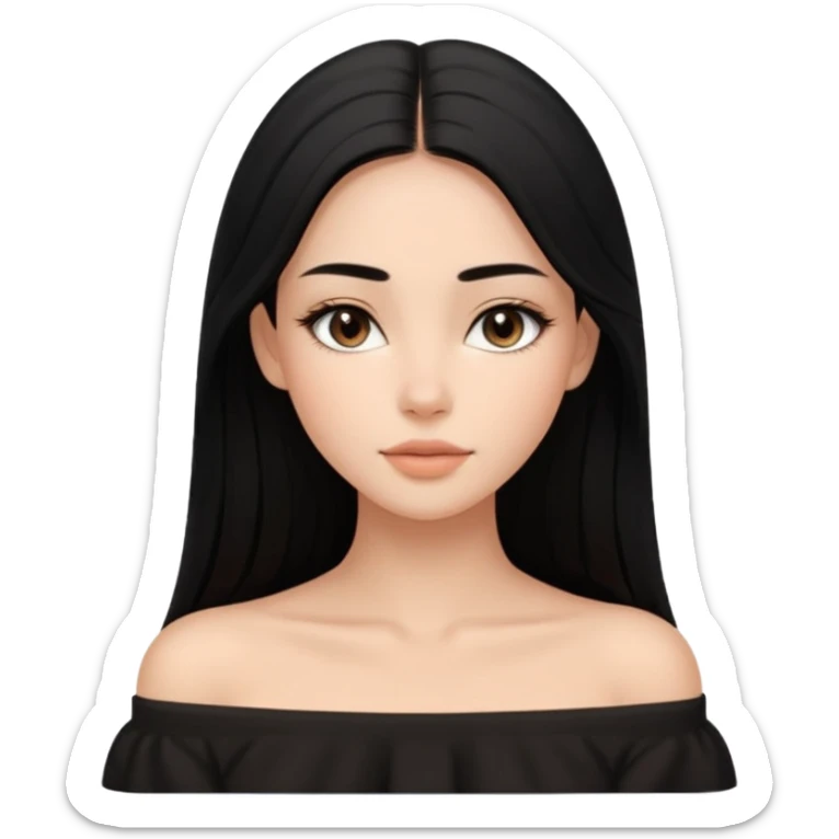A realistic 3D avatar of a young woman with a soft oval face, slim cheeks, natural almond eyes, long straight black hair, minimal makeup, wearing a black off-shoulder top, elegant and aesthetic, tanned skintone. sticker