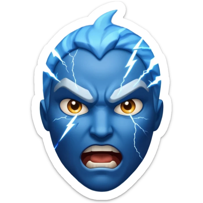 Rayos, centellas y estrellas en una cara color azul con expresiones de furia sticker