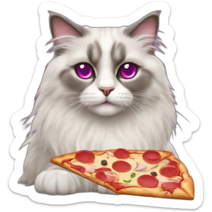 Ragdoll cat with magenta eyes and grey furr, eating a pizza, sitting on the floor sticker