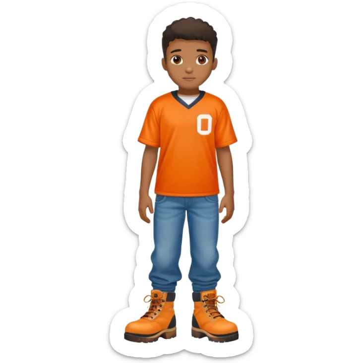 Black boy with dress wearing a footskaball orange jersey and baggy jeans with timbs sticker