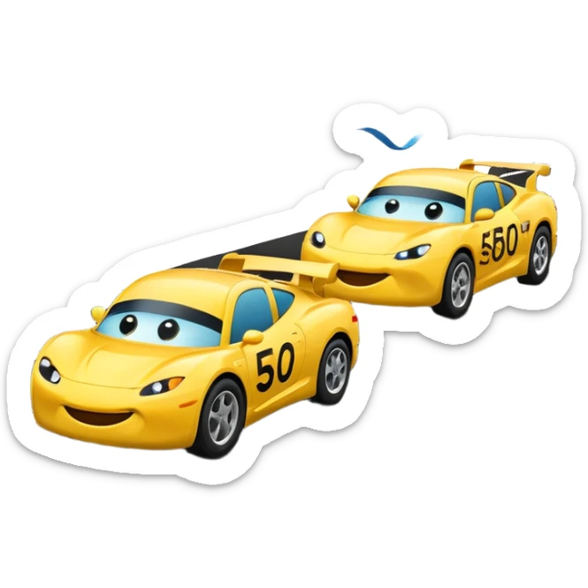 Two emoji-style cars racing toward a finish line labeled “$20K”, one labeled “$500/mo” and the other “$1000/mo”, energetic motion and speed lines sticker