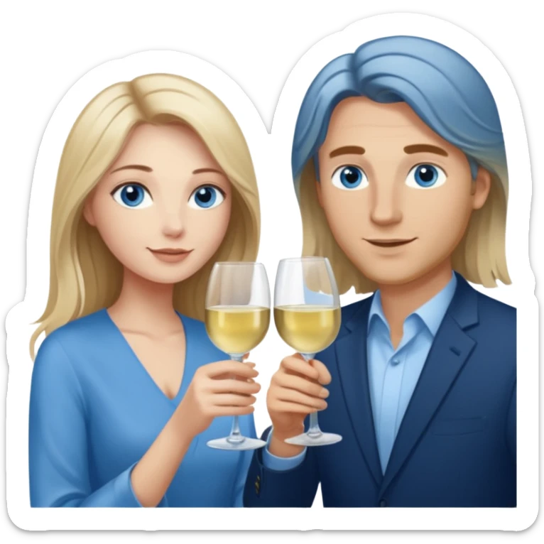 A woman with blue eyes and long balayage brown blond hair and a man with blue eyes and light brown hair, they toast to each other with a glass of white wine.  sticker