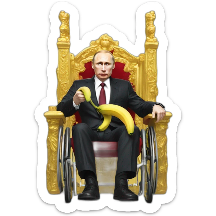 furious vladimir putin monke rides golden wheelchair throne holding a banana sticker