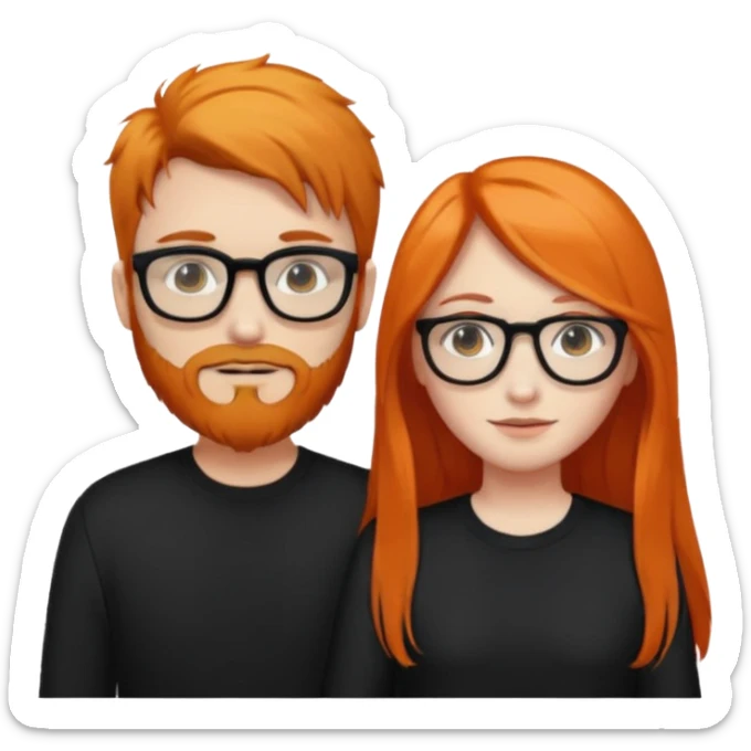 girl with long orange hair wearing no glasses and all black clothes and holding hands with boy with black hair and beard and glasses and pale skin sticker