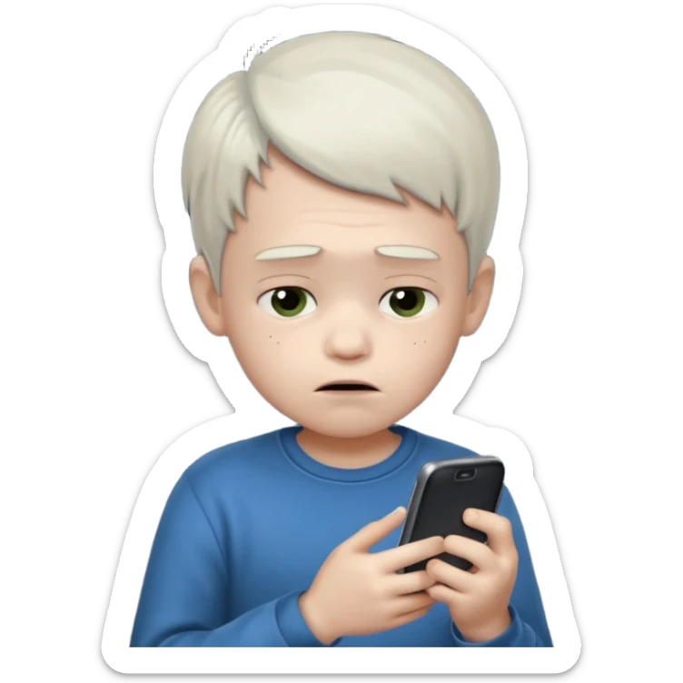 un niño de entre 3 - 10 años jugando con su celular, cansado en una habitacion apagada, el niño tiene piel blanca

 sticker