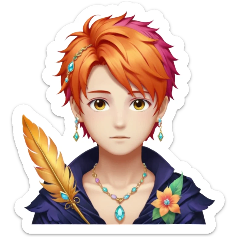 Beautiful gorgeous anime boy with beautiful fiery-special-hair, fashion aesthetic, ethereal, fairycore, pastelcore, feather, flower, gems, accessories, jewelries, gold, colorful sticker