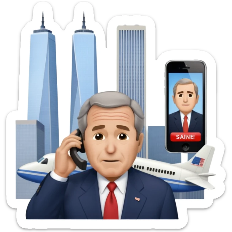  emoji of the world trade center with a plane crashed into it and george bush on a phone in front of them sticker
