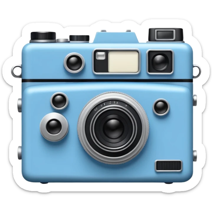 A hand-drawn doodle in a minimalist, cartoon style of a [vintage camera]. The object is white with thick, rough, black marker outlines and two small black dot eyes. It is a simple sketch with no realistic textures, centered on a solid [blue] circular background." sticker