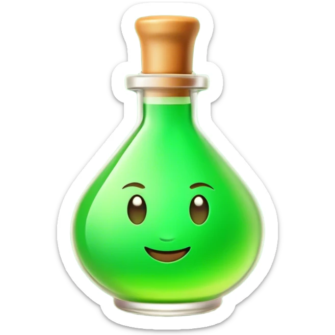 Clash of Clans aesthetic: Cinematic Playful Pixel 3D green health Potion Emoji, rendered in a 3D vector-style similar to standard emojis with minimal shading and bold, simplified shapes. A compact, distinct form with signature details, softly glowing with a pixelated adventure charm. Simplified yet unmistakably iconic, highly detailed and consistent, glowing with a soft radiance and high shine. Stylized with a touch of classic pixel-art charm and a soft glowing outline, capturing the essence of a beloved gaming relic with a friendly, playful manner! sticker