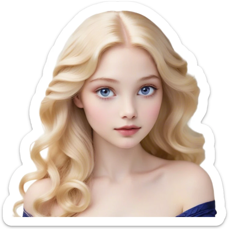 Cinematic Realistic Sleeping Beauty (Aurora) Portrait, with porcelain-like skin featuring a natural rosy flush, illuminated by soft lighting that highlights the gentle contours of her face. Her golden blonde hair flows in soft, detailed waves with subtle highlights that shimmer in the light. Her deep violet-blue eyes radiate warmth and innocence, framed by arched brows and long lashes. With a soft, serene smile, she holds a delicate rose gently in one hand, her other hand resting lightly by her side. She is dressed in her classic pink gown, the fabric rich in texture with delicate folds that catch the light. A golden crown rests atop her head, gleaming with royal refinement. The portrait captures a soft, glowing aura, blending realism with an ethereal sense of beauty and timeless enchantment. sticker