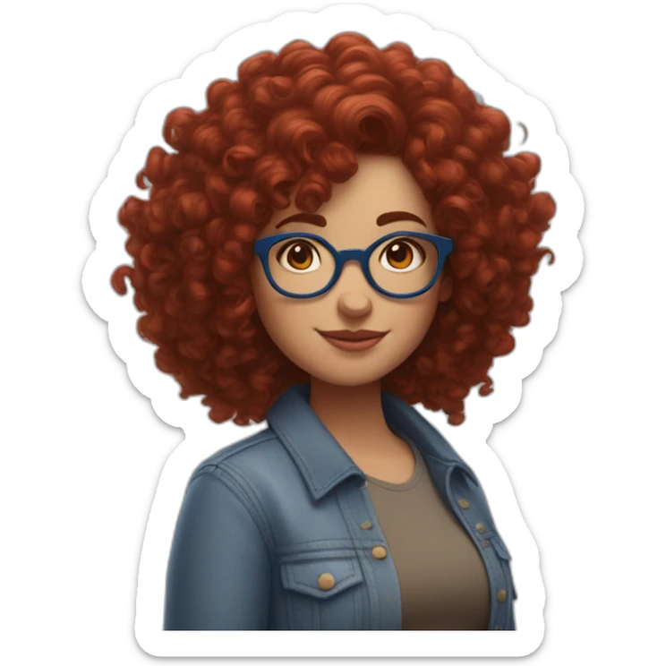 A curvy girl with dark red curly hair and blue glasses in full body in Pixar style sticker