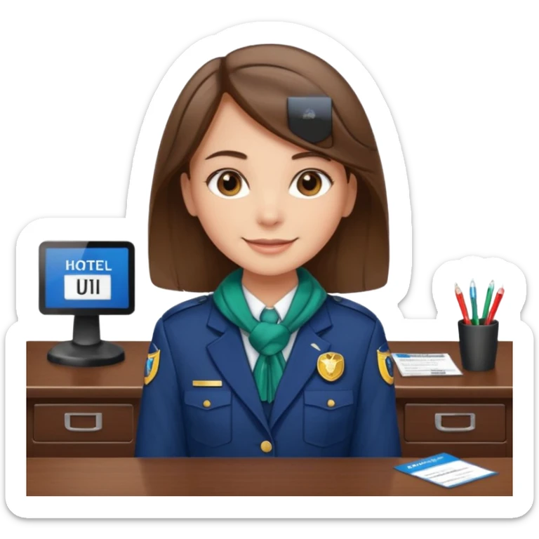 Young girl, straight hair, wearing uniform jacket with hotel name badge, tasteful scarf, stand behind the desk sticker