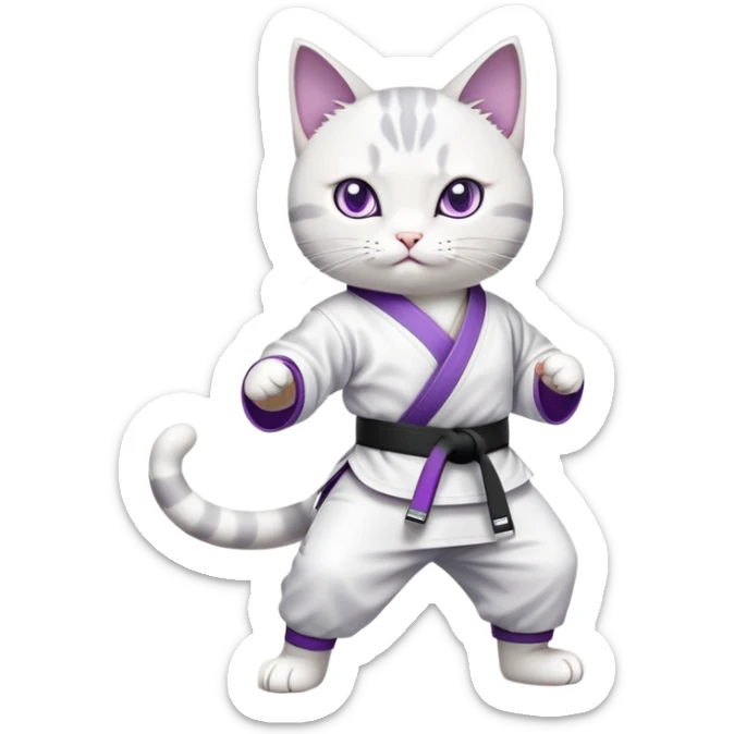 Cat Cartoon of a white and gray cat with violet eyes, standing on two legs, wearing white martial arts attire and a black belt. Asian dojo background. sticker
