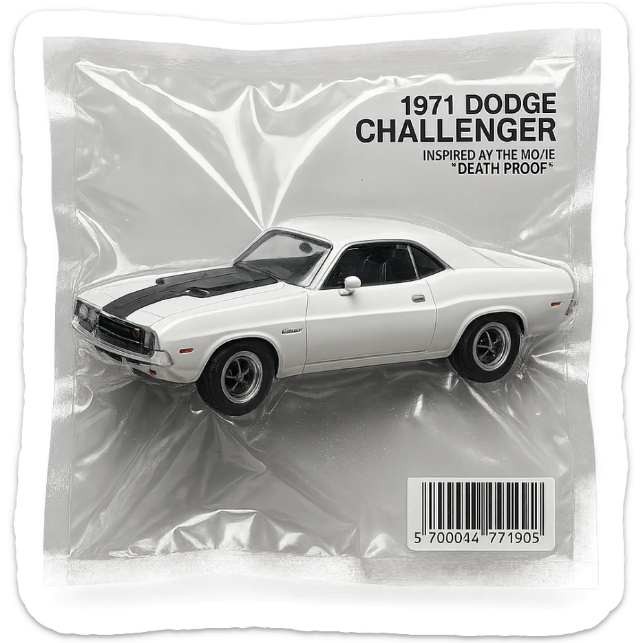 white 1971 Dodge Challenger muscle car, glossy and puffy, inspired by the movie 'Death Proof' sticker