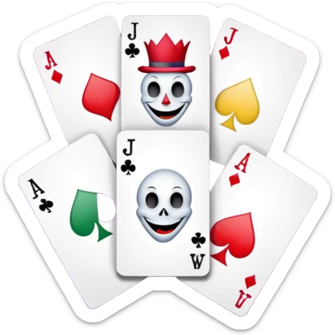 bunch of 3 poker cards, with crazy colorful human jolly jokers inside, inversed face, cuphead style sticker