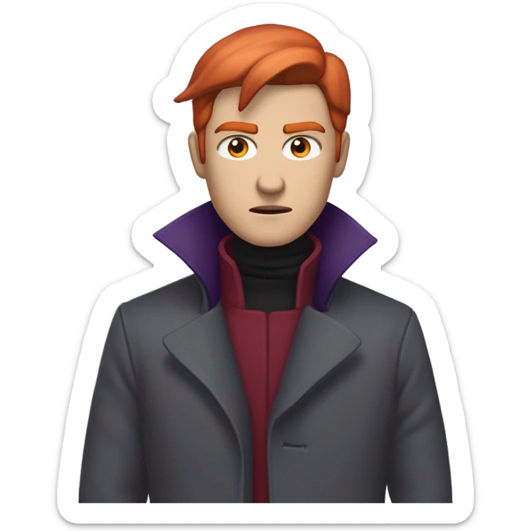 Male with pale skin, crimson red shoulder-length hair, greyish purple irises, and an angry expression. Clothing on the man is a dark greyish purple turtleneck coat with a crimson red streak going down the center of the coat. sticker