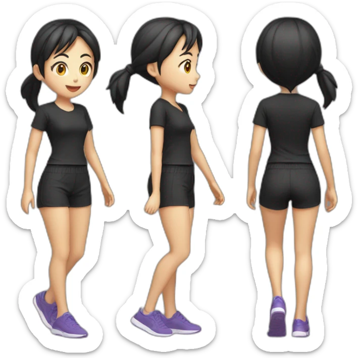 asian girl running，black shirt and shorts，full body，side view sticker