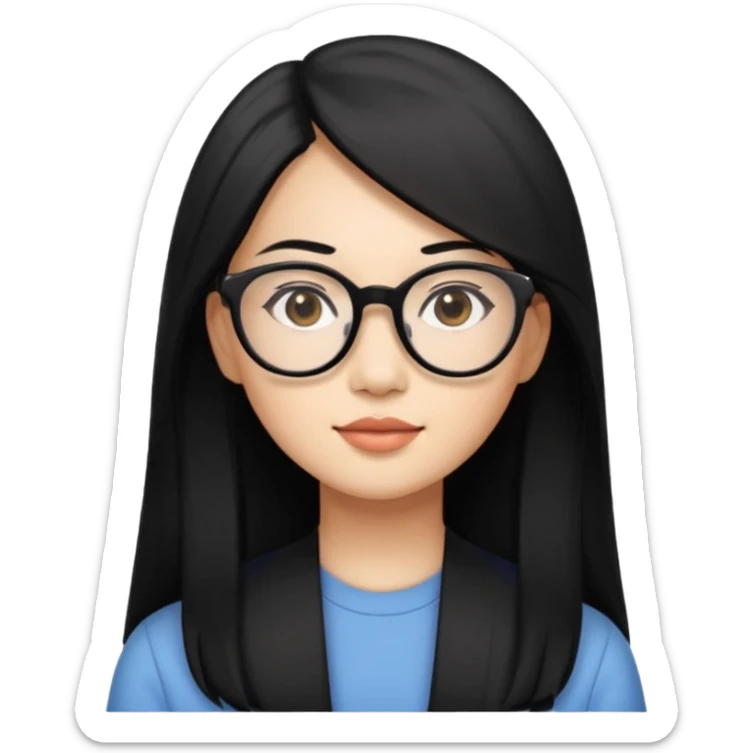 30 yr old asian woman, straight thick long black hair, big black glasses, side part sticker
