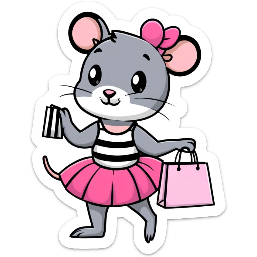 rat with a pink dress and tutu holding a black and white striped shopping bag sticker