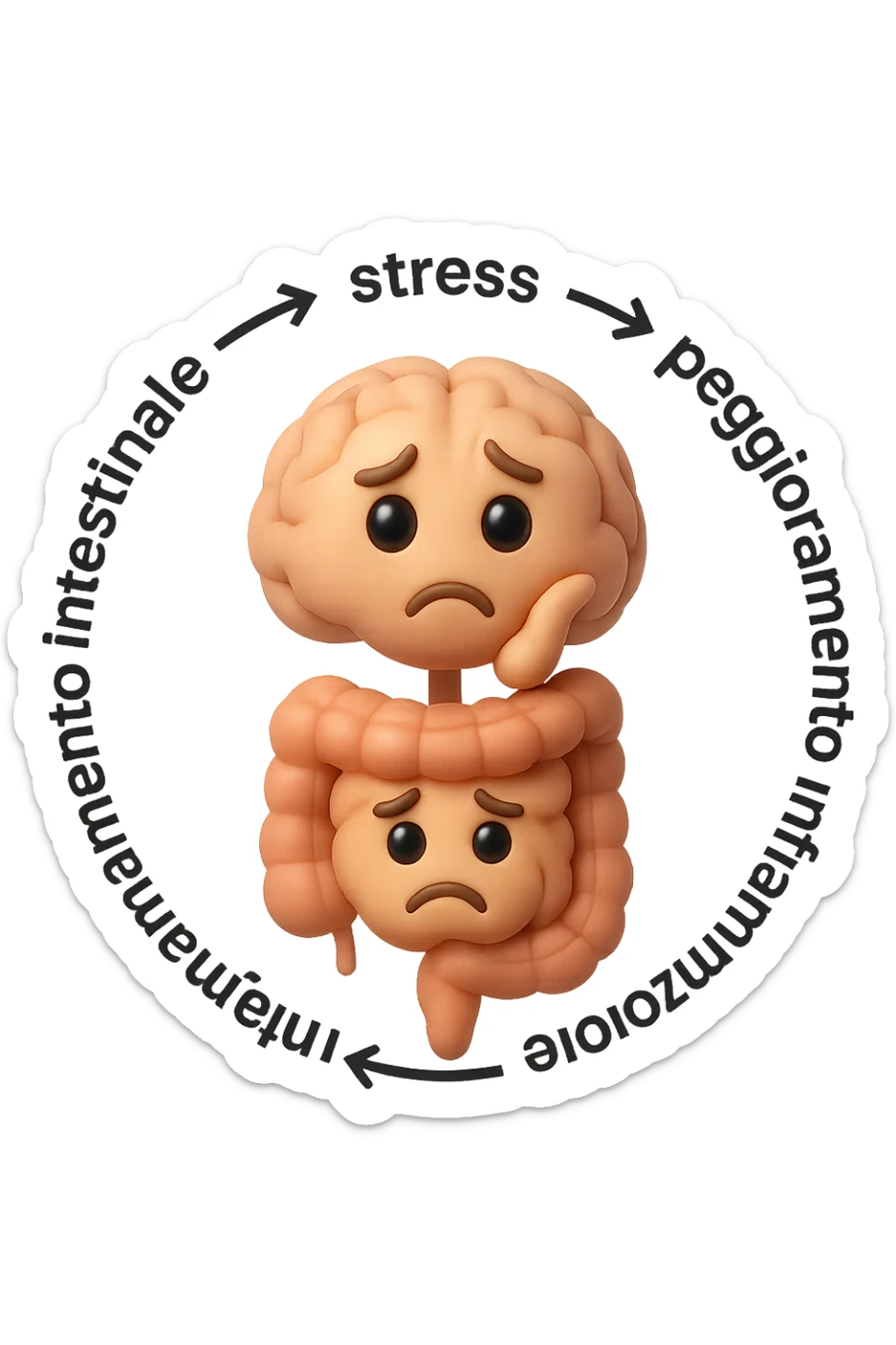 EMOJI STILE IPHONE 3D DI un cerchio con queste scritte che girano intorno "stress → peggioramento intestinale → aumento infiammazione → peggioramento sintomi intestinali e sistemici." al centro del cerchio metti un cervello e intestino umani collegati verticalmente con espressione dubbiosa in volto, FALLO MOLTO REALISTICO IN 3D sticker