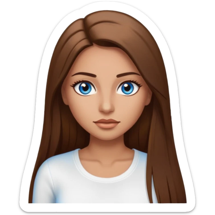 make a woman emoji with pin straight long brown hair and blue eyes with longeyelashes wearing a white top latina baddie sticker