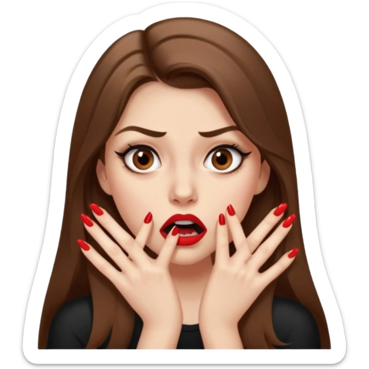 A girl with long brown hair, eyeliner, long lashes, light brown eyes, pale skin and red lipstick biting her nails looking terrified and very nervous. buts of bitten-off fingernail are flying everywhere sticker
