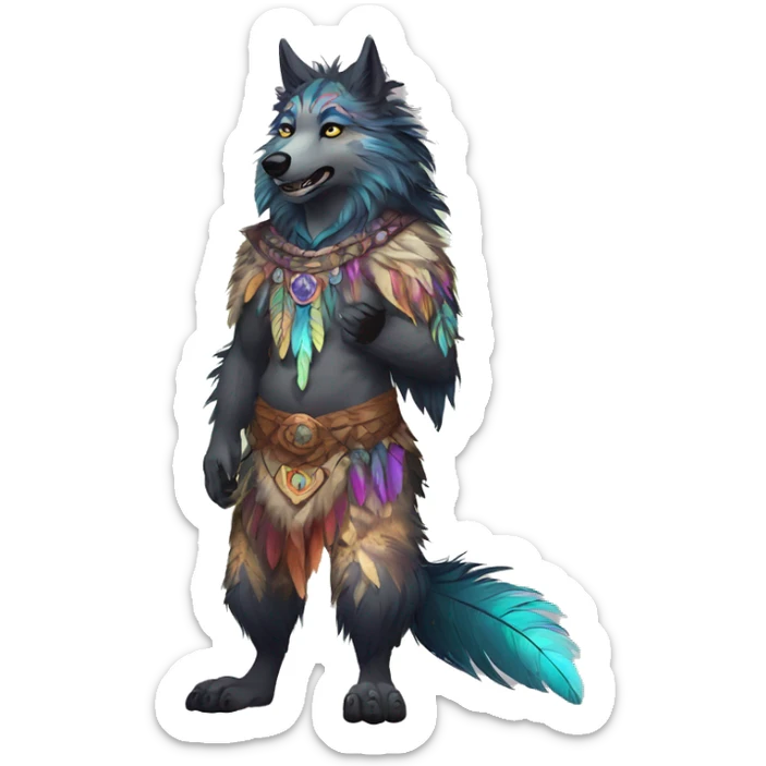 Anthro Fluffy Colorful Shy Spiritual Shamanic WereWolf-sona With Shiny Tribal Markings wearing feathers Full Body sticker