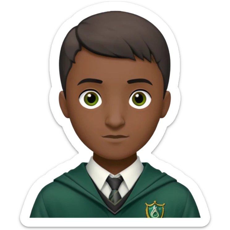 louis cordice is Blaise Zabini in harry potter, wear hogwarts slytherin uniform, Classic Buzz Cut hair, black skin, long thin face sticker