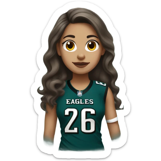 girl with brown hair wearing Philadelphia eagles jersey with number 26 sticker