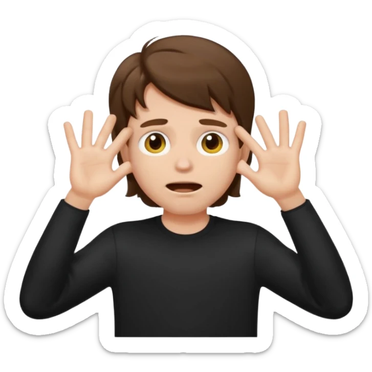 front view of a white boy with large brown hair, wide open eyes, wide open mouth, hands covering his eyes, wearing a black shirt, apple emoji style sticker