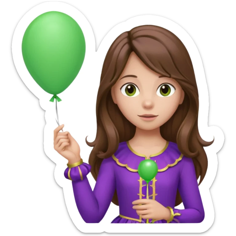 girl with long brown hair and purple costumes, holding green balloon sticker