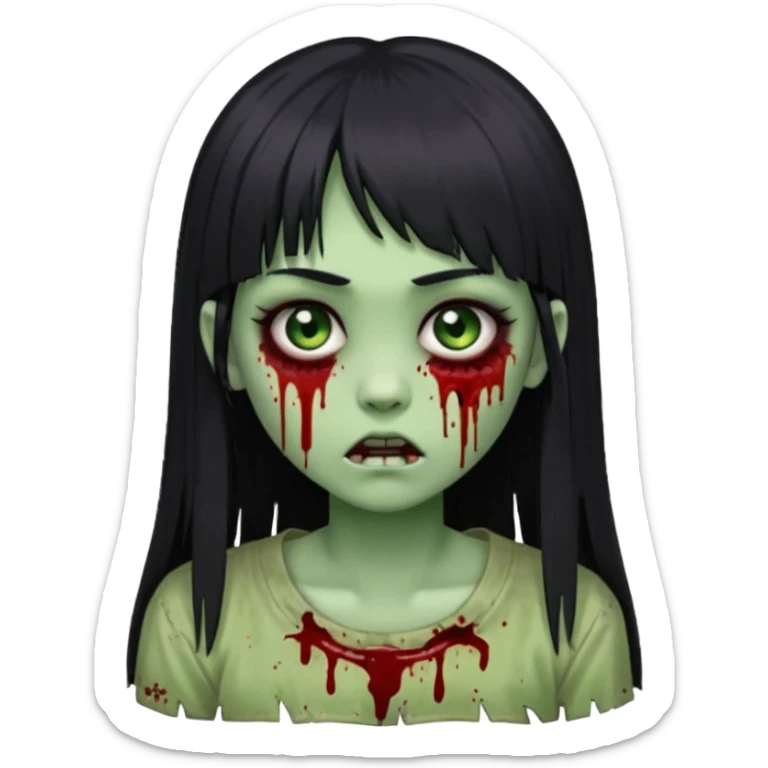 Emoji de uma garota com os cabelos longos, lisos e pretos. Ela usa uma franja curta que cobre toda a sua testa. Tem a pele esverdeada e ferimentos no rosto cobertos com sangue, usa uma blusa branca rasgada e suja de poeira. Ela é uma zumbi sticker
