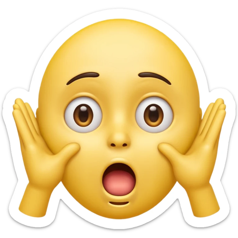 A 3D glossy yellow emoji of a shocked horrified face, with mouth and eyes are wide open, eyebrows  raised, and hands against their cheeks, face without nose, black background, high quality, soft studio lighting sticker
