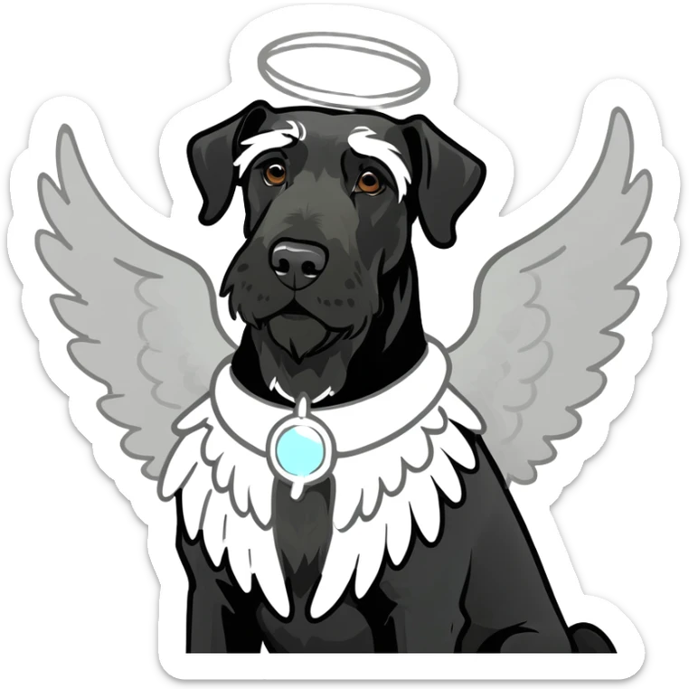 Black giant schnauzer wearing and angel halo and white angel wings sticker