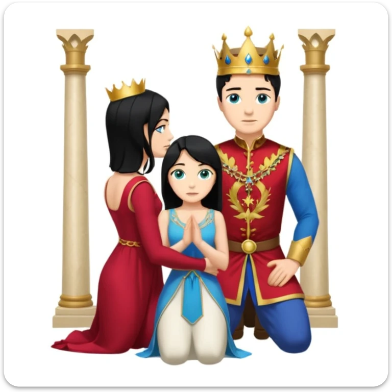 Man as king, black Hair, blue eyes, woman, blonde, green eyes, shott white sleveless Dress, kneeling, background palace sticker