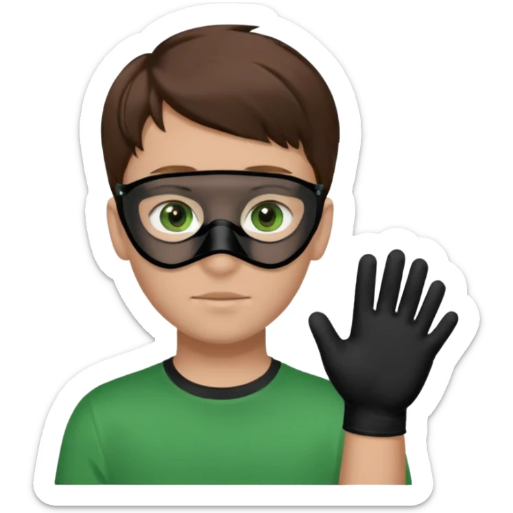 Chico de pelo marrón y ojos verdes. Con un cubre bocas negro, que tiene una camisa verde por encima de una remera blanca, y tiene un guante negro en una sola de las manos. sticker