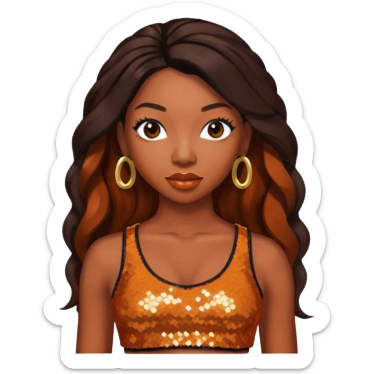 Brandy Norwood with long dark brown hair, sequin burnt orange crop top sticker